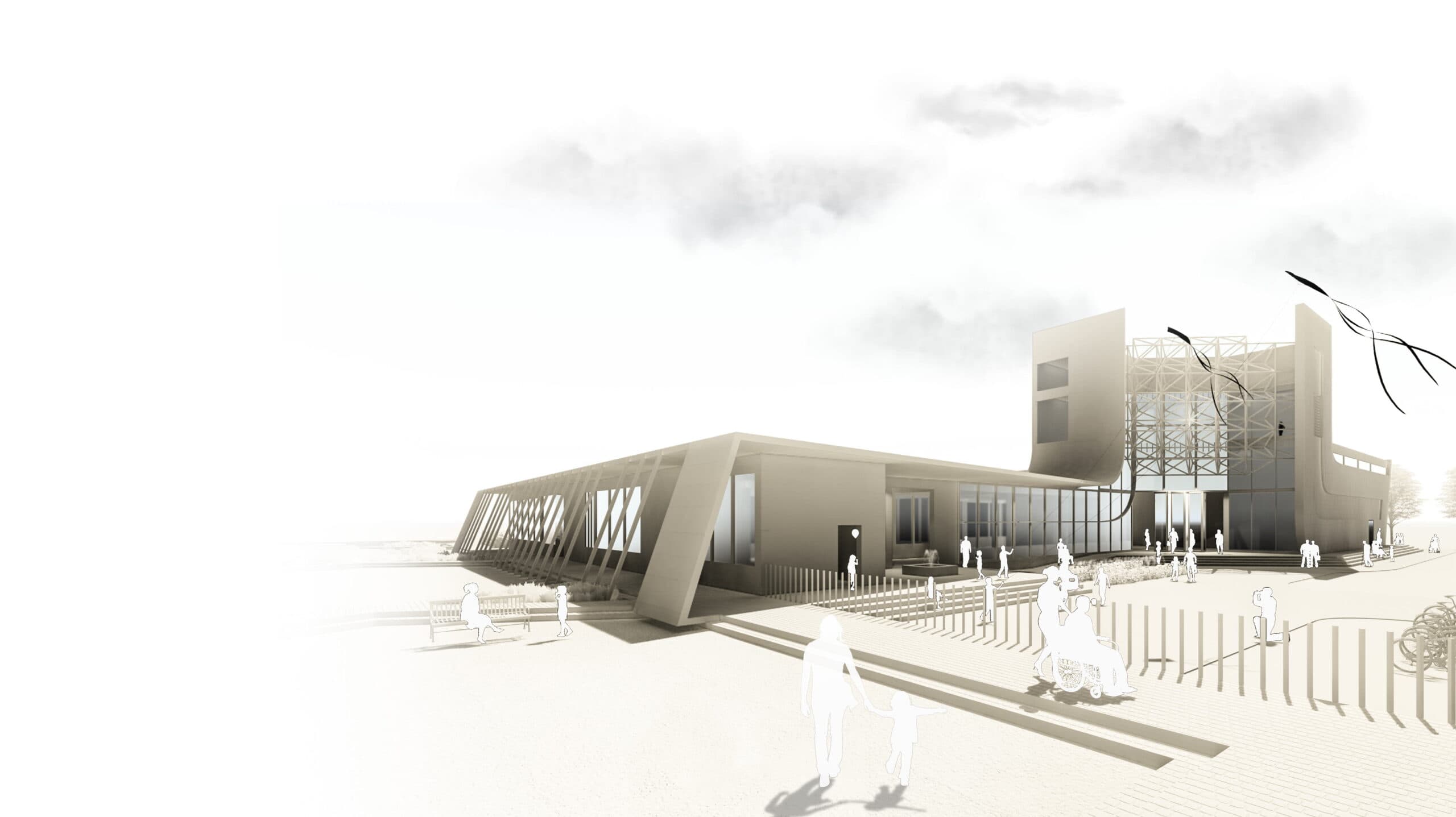 Monochrome architectural massing study with central wind catcher