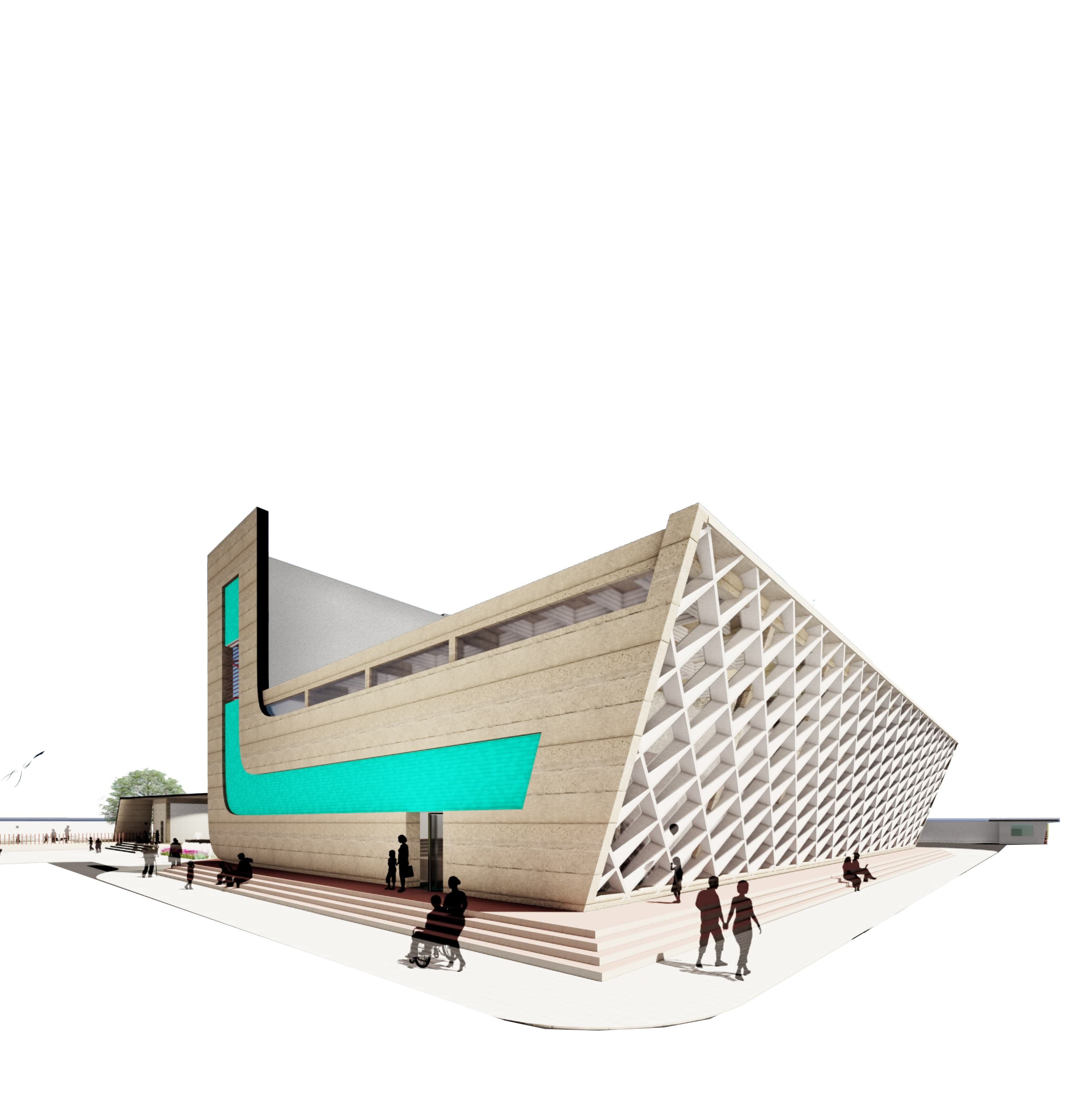 Tilted Facade and Diamond Space-Frame Lattice Screen Perspective